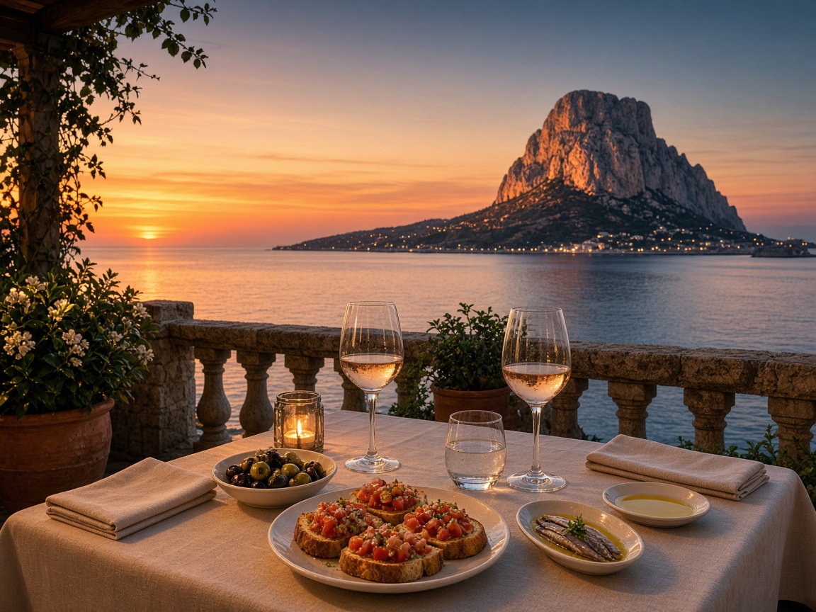 Terraza gastron&oacute;mica al atardecer en Calpe
